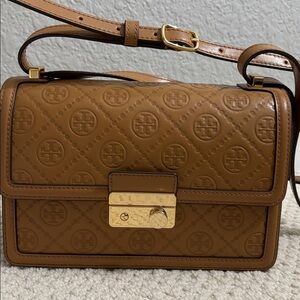 Tori Burch T Monogram All Over Logo Debossed Leather Shoulder Bag